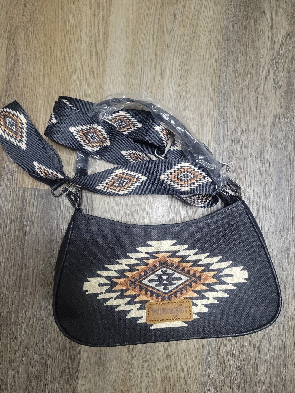 Wrangler Black Aztec-Pattern Shoulder Bag with Brown Accents